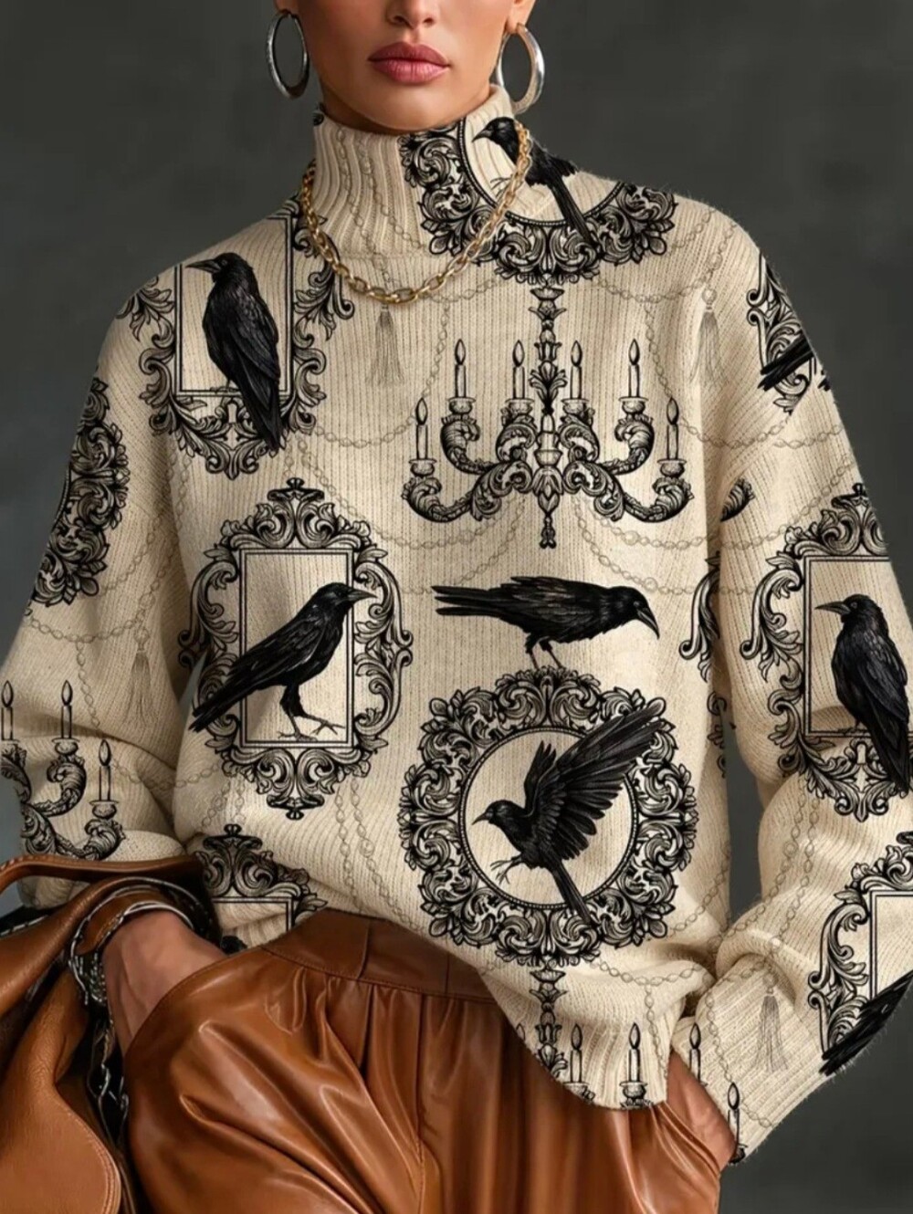 Women's Halloween Crow Print Sweater, Autumn/Winter Chimney Neck Warm Long